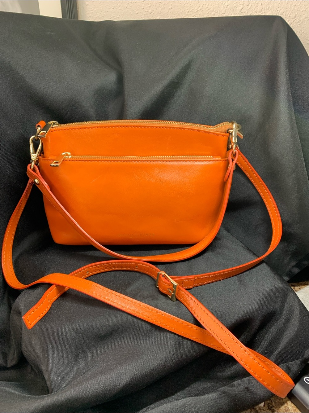 Divina Firenze Orange Genuine Leather Triple Entry Crossbody Bag Made In Italy